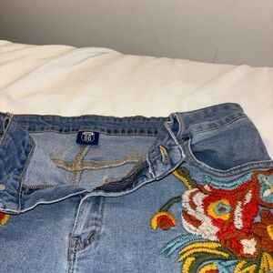 Route 66 Light Blue High-Rise Denim Shorts with Multicolor Floral Embroidery